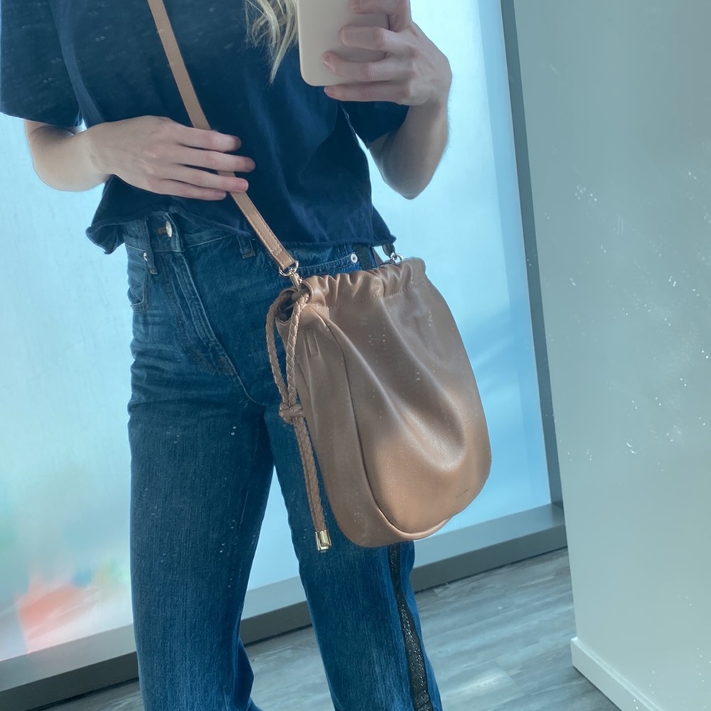 Anne Klein Beige Faux Leather Cinched Crossbody Bag